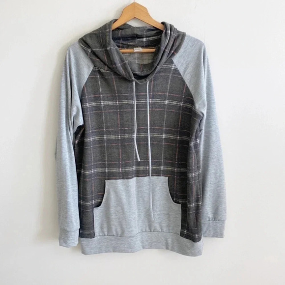 Boutique 7th ray gray/green plaid cowl neck pullover sweatshirt size XL - Picture 1 of 7